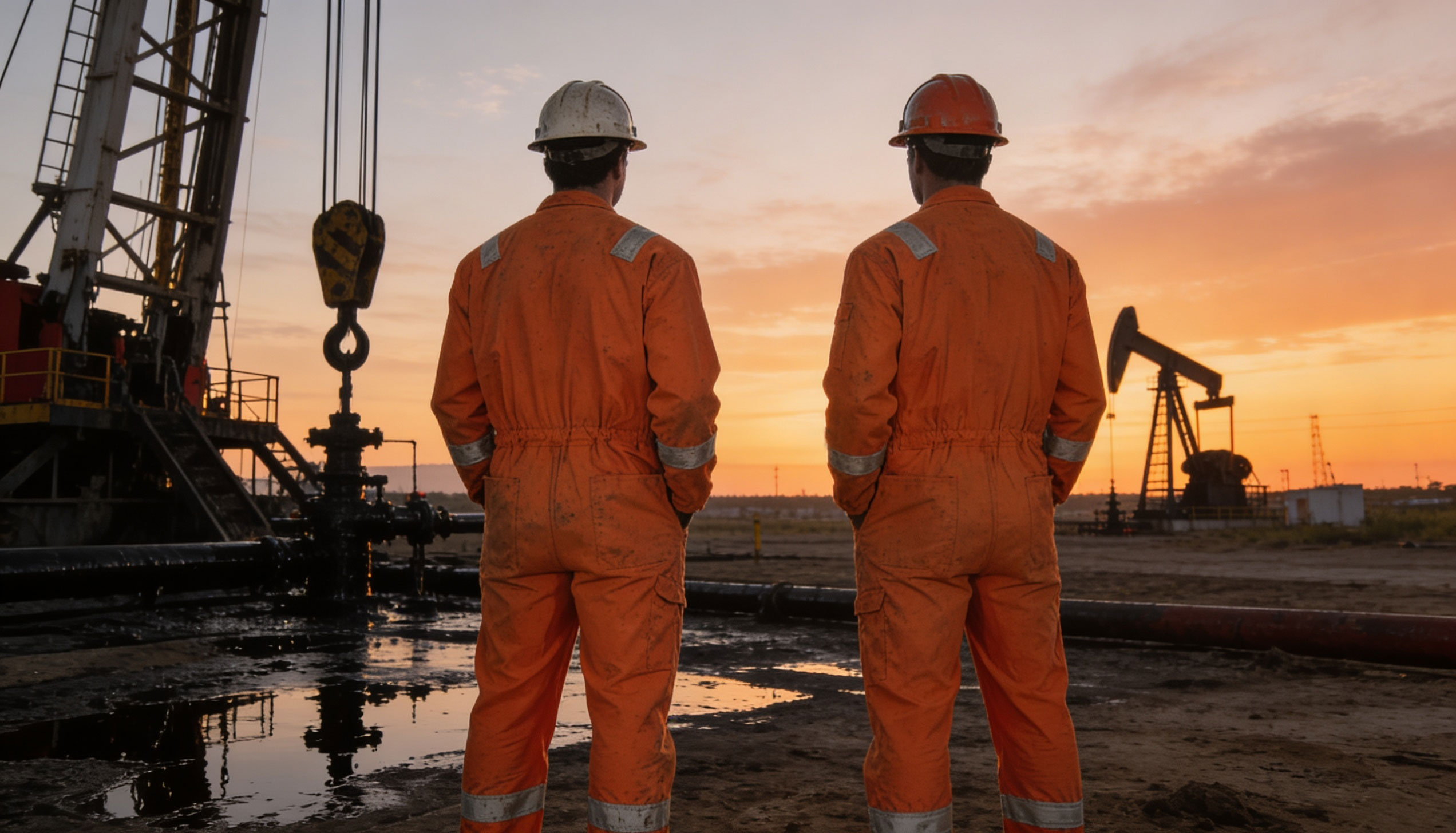 Two men in coveralls on a oil and gas drilling site